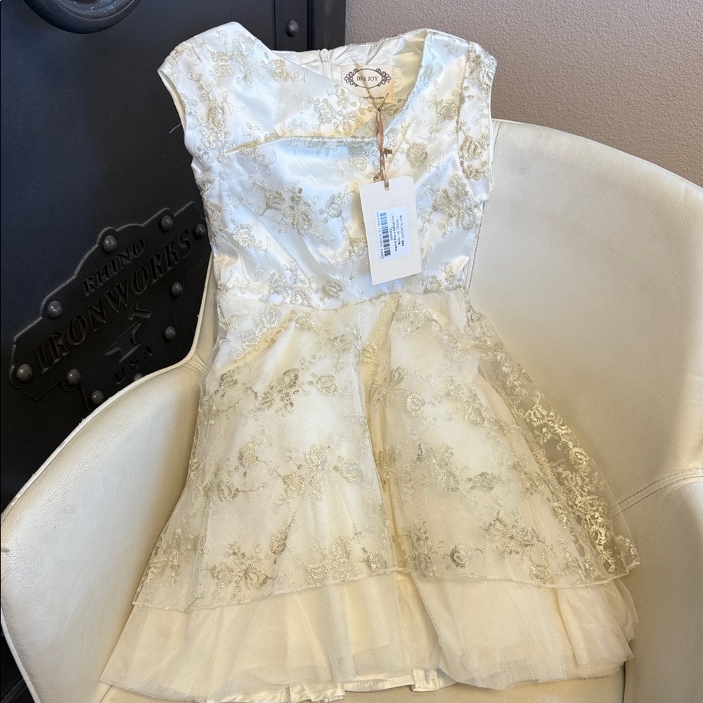 Joyfolie Ivory & Gold Lace Formal Dress for Girls